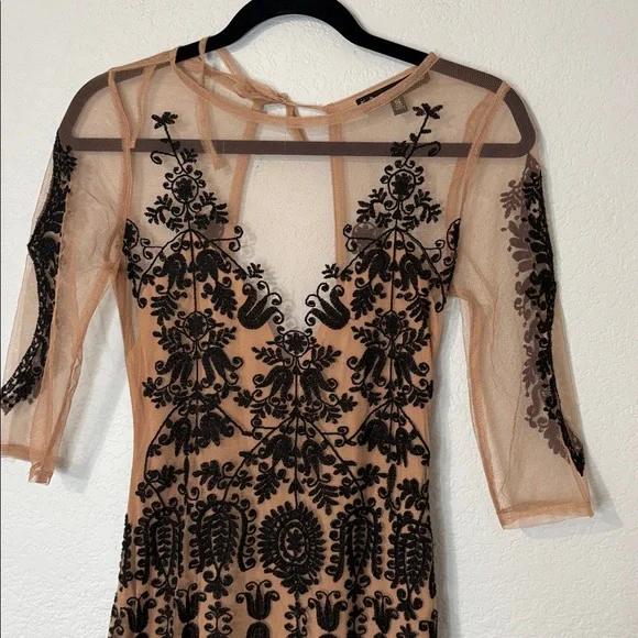 For Love & Lemons Bodycon Dress Tan Mesh Black Lace S - Picture 3 of 7
